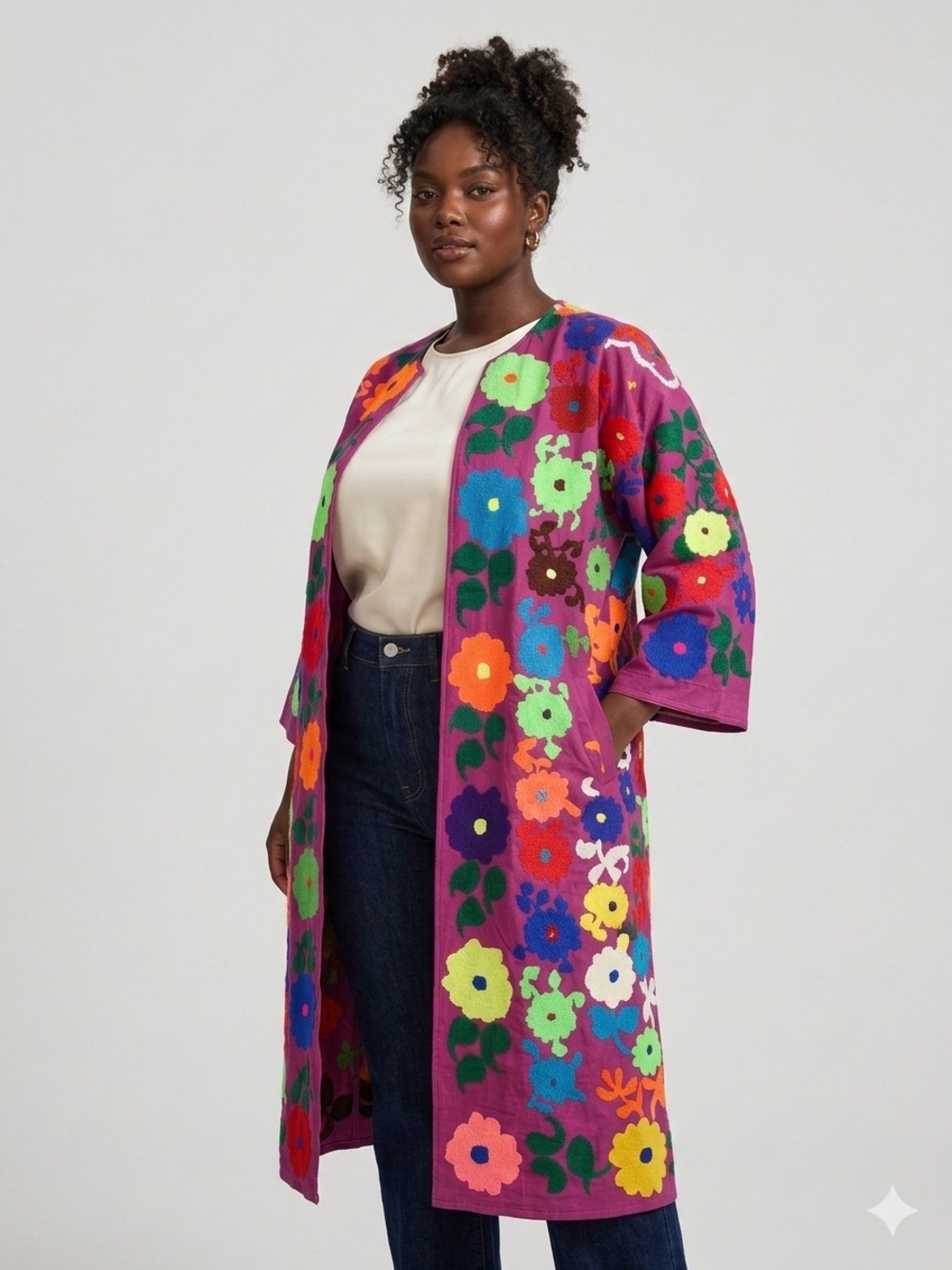 Vintage 70s Afghan Hand Embroidered Coat Floral Boho Folk Art Duster Maxi - Picture 1 of 11